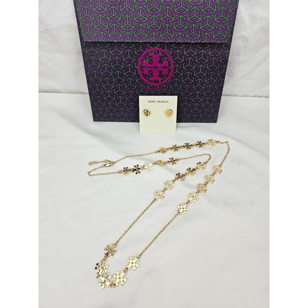 Tory Burch Kira Delicate Gold Logo Necklace + Earring COMBO